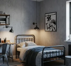 Wallpaper dinding dengan efek beton abu-abu kasar, memberikan nuansa industrial dan modern pada kamar tidur.