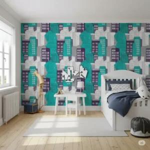 Wallpaper dinding dengan motif gedung-gedung perkotaan modern dalam warna-warni. Ideal untuk kamar tidur kontemporer.