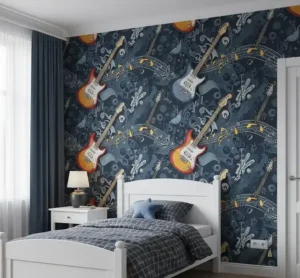 Wallpaper dinding dengan motif instrumen musik seperti gitar elektrik, not balok, dan simbol musik lainnya di latar belakang biru tua, ideal untuk kamar penggemar musik.