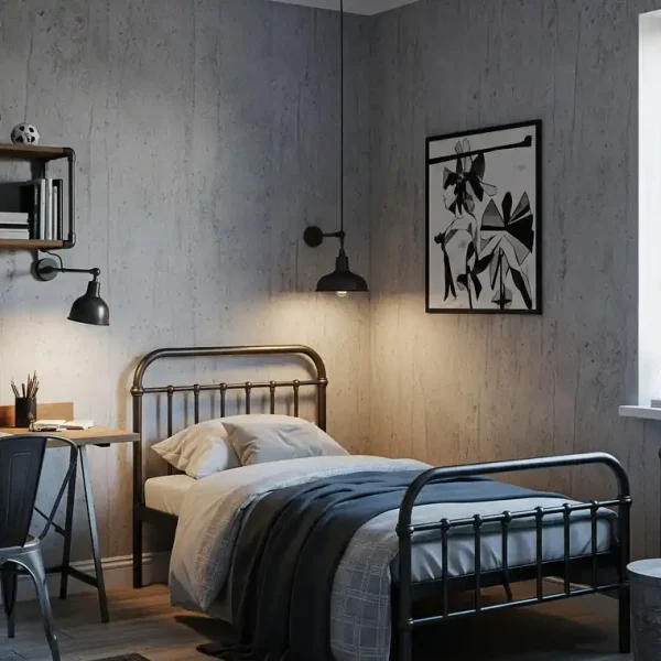 Wallpaper dinding dengan efek beton abu-abu kasar, memberikan nuansa industrial dan modern pada kamar tidur.