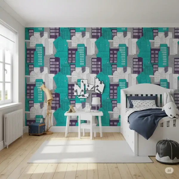 Wallpaper dinding dengan motif gedung-gedung perkotaan modern dalam warna-warni. Ideal untuk kamar tidur kontemporer.